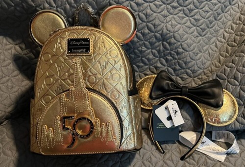 NWT Disney World 50th Anniversary Leather Gold Luxe Loungefly Backpack Set - Picture 1 of 7